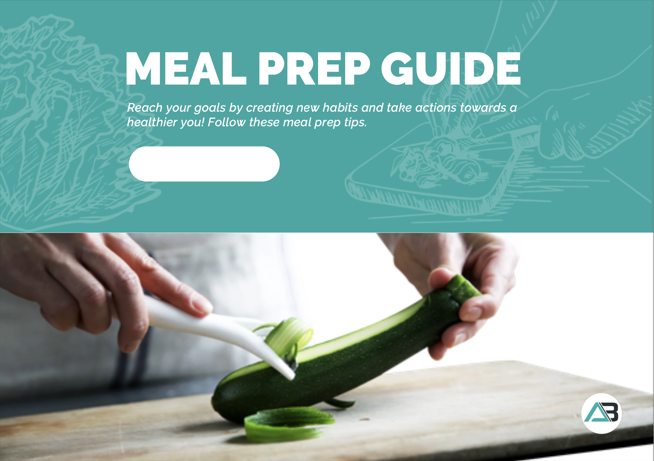 Front page of meal prep guide document | Featured Image for Recipe Packs page by AB Fitness Hub.