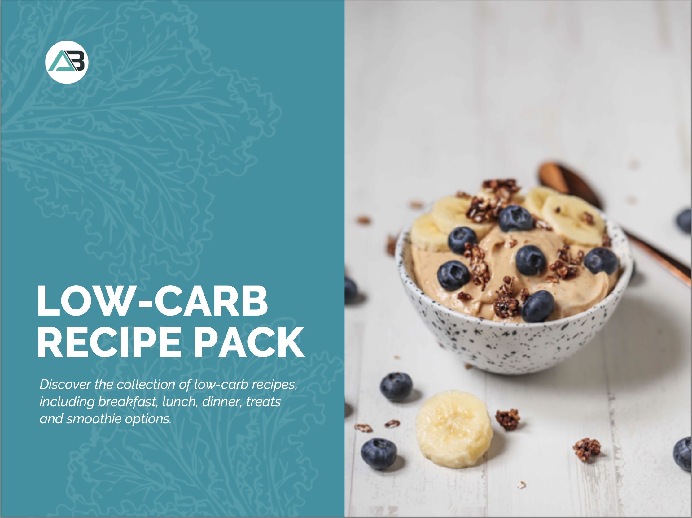 Low-Carb Recipe Pack front cover | Featured Image for Recipe Packs page by AB Fitness Hub.